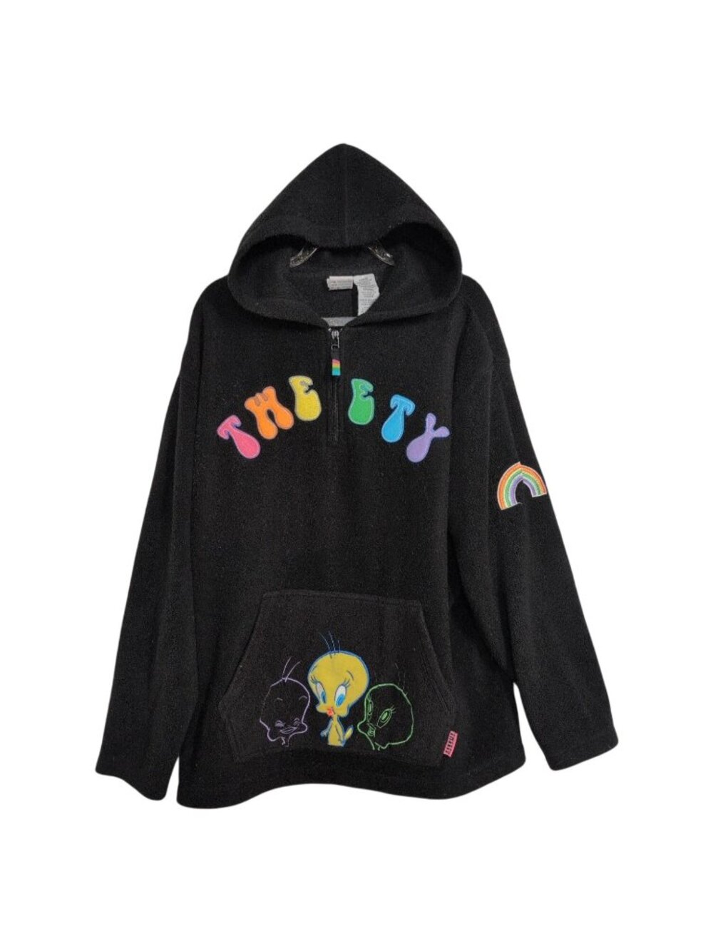 Vintage Looney Tunes Embroidered Tweety Fleece Hoodie Womens Size Large Rainbow